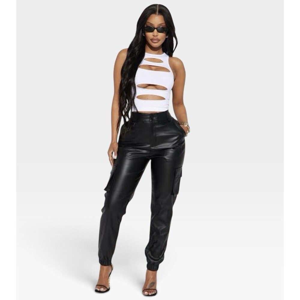 NWT Fashion Nova Black Let’s Talk Faux Leather Cargo Jogger Women’s Size Medium